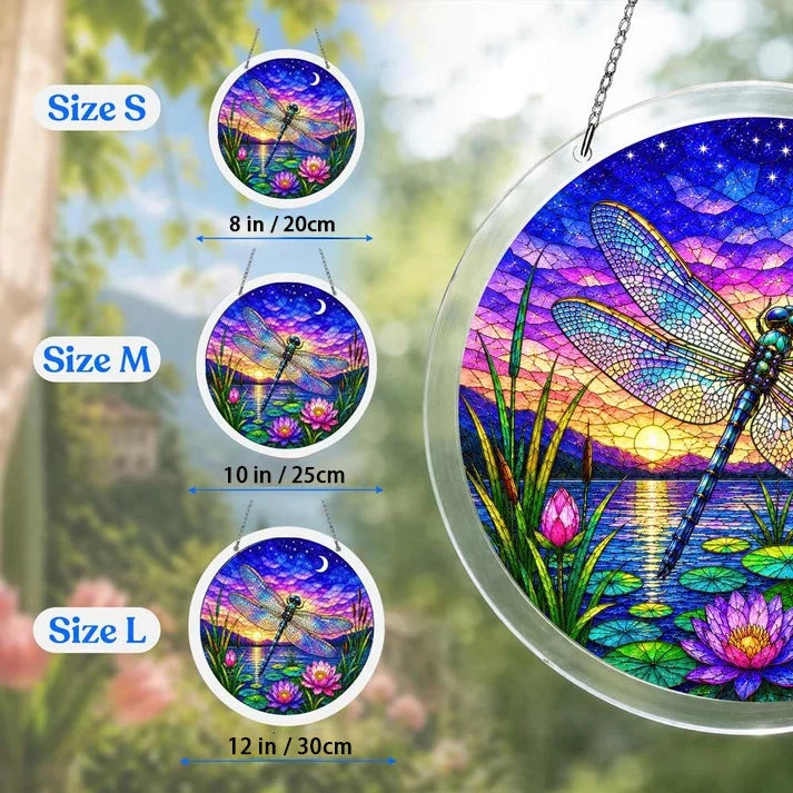 A size chart showing three dragonfly suncatchers in S M and L measuring 8 10 and 12 inches with a large size detail on the right