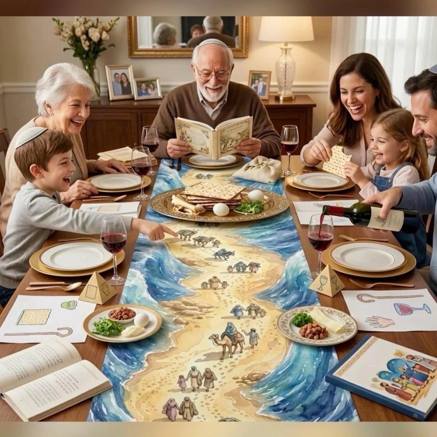 Watercolor artwork depicting the Israelites crossing the parted Red Sea