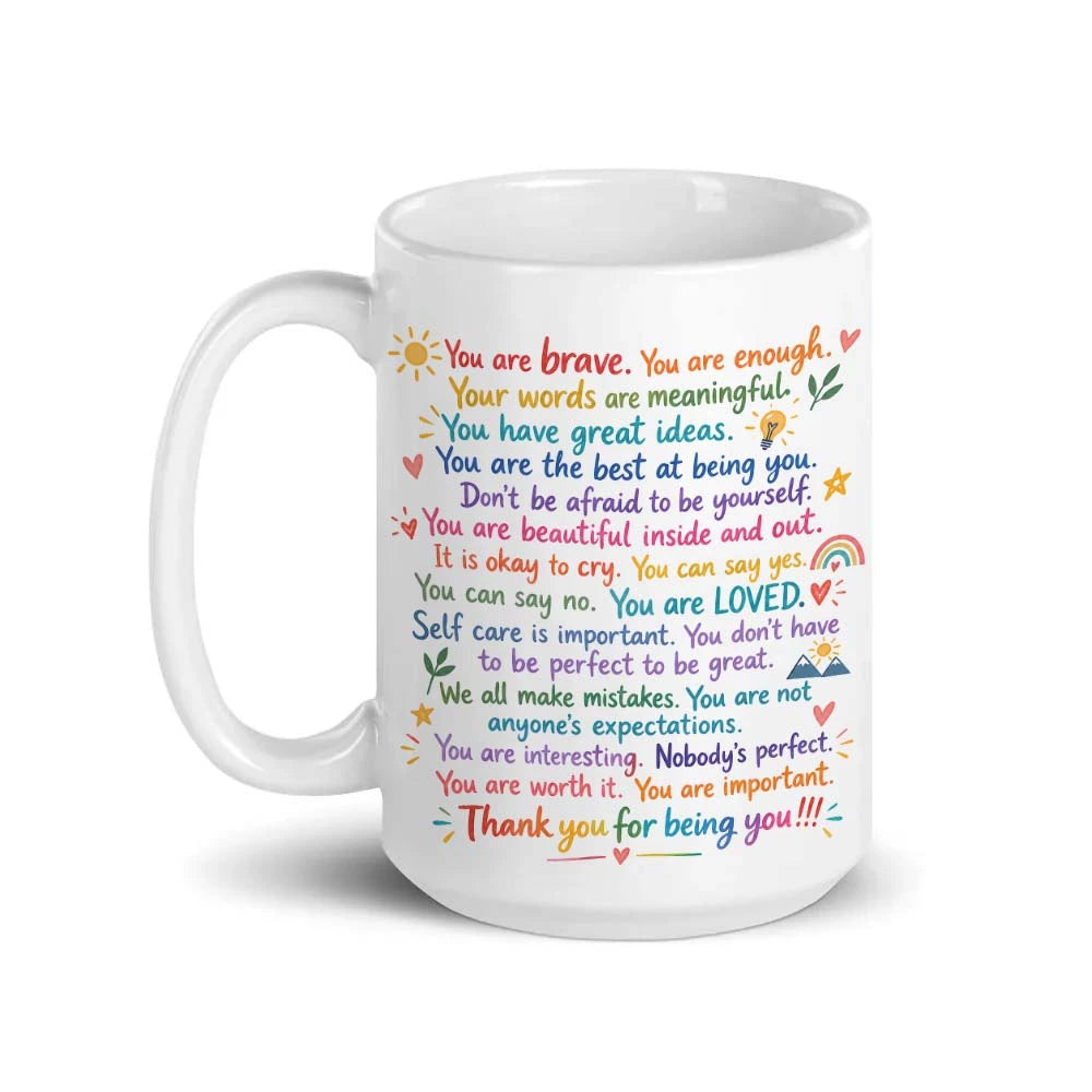 Close-up of the handle and ceramic finish of the affirmation mug