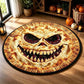 A round Halloween rug featuring a spooky pie design with a menacing face, set on a wooden floor in a decorated room with pumpkins and lanterns.