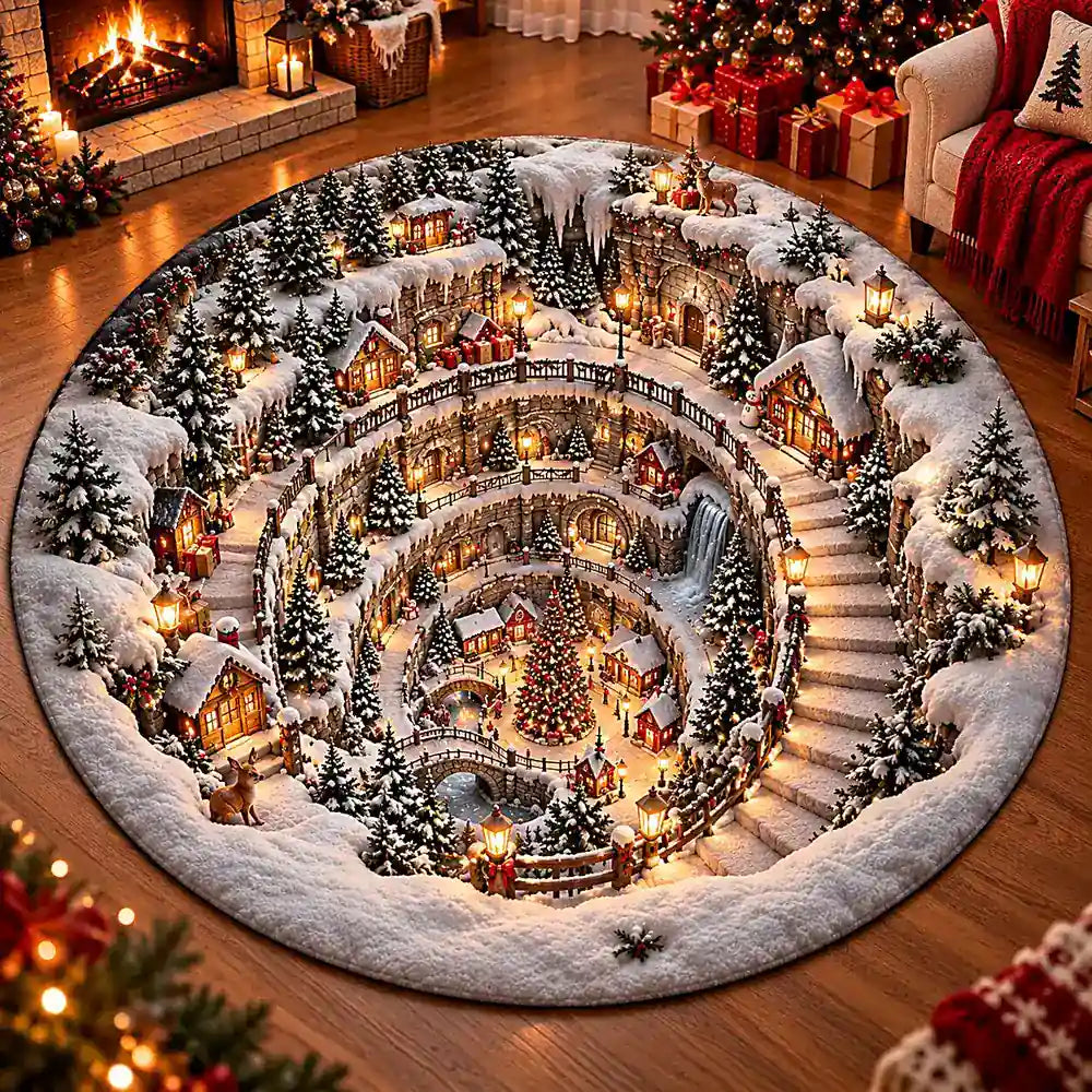 Winter Christmas Town Round Rug - C056