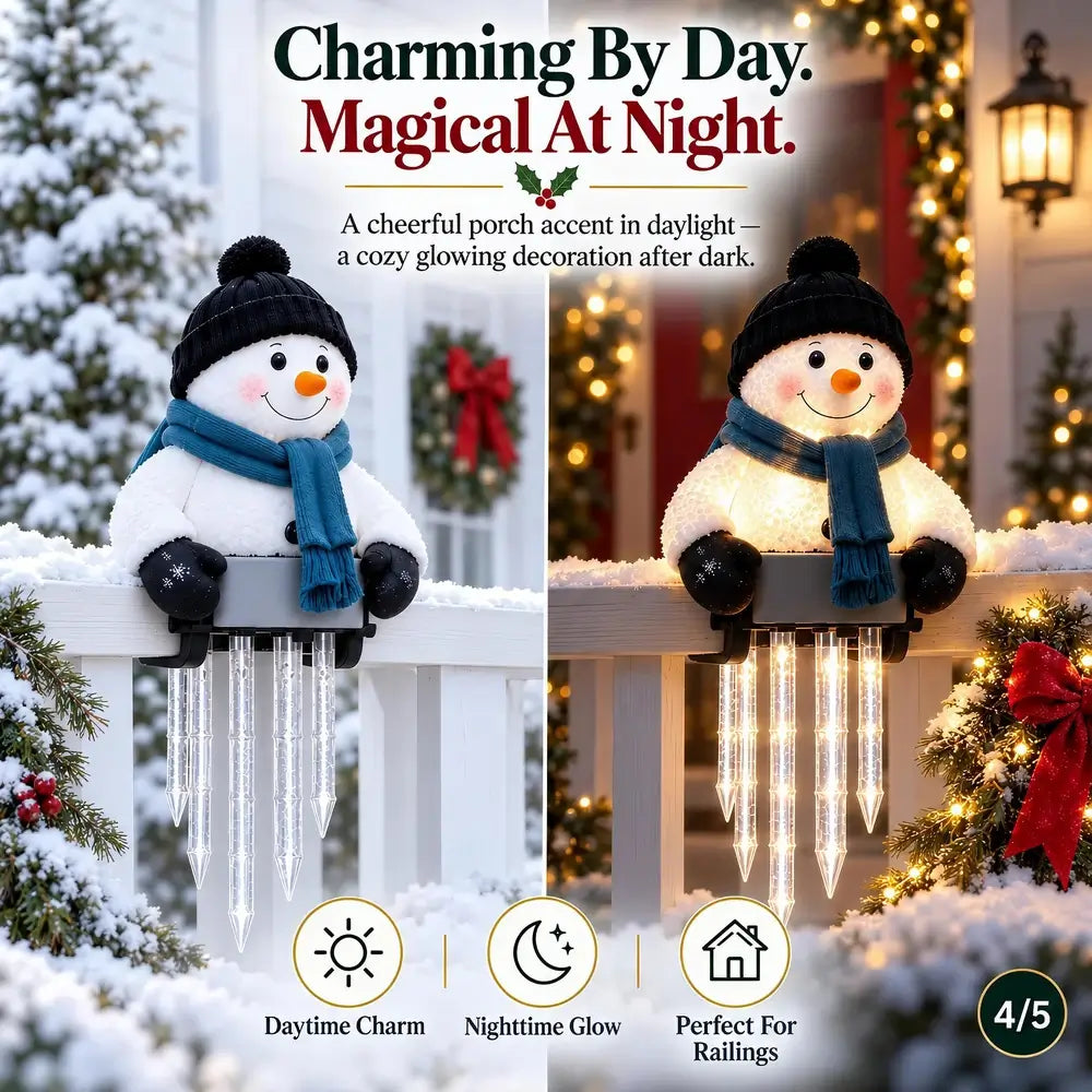 A snowman-shaped holiday porch light decoration shown in a split daylight and nighttime comparison. The snowman wears a black hat and black buttons with a blue scarf and orange nose, sitting on a white railing with icicle lights hanging below.
