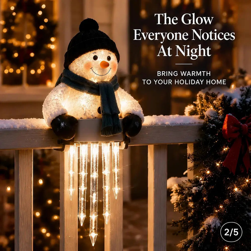 A glowing snowman holiday light decoration sits on a snowy porch railing at night, with warm string lights and a decorated Christmas tree in the background. Text on the image reads, 'The Glow Everyone Notices At Night' and 'BRING WARMTH TO YOUR HOLIDAY HOME.