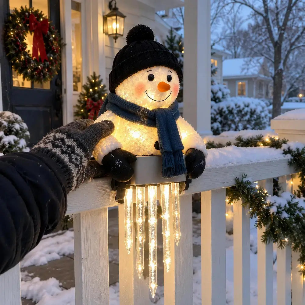 A snowman-shaped porch light decoration with a black hat, blue scarf, and glowing warm white body, mounted on a white railing in a snowy outdoor front porch setting. A gloved hand is touching the decoration.