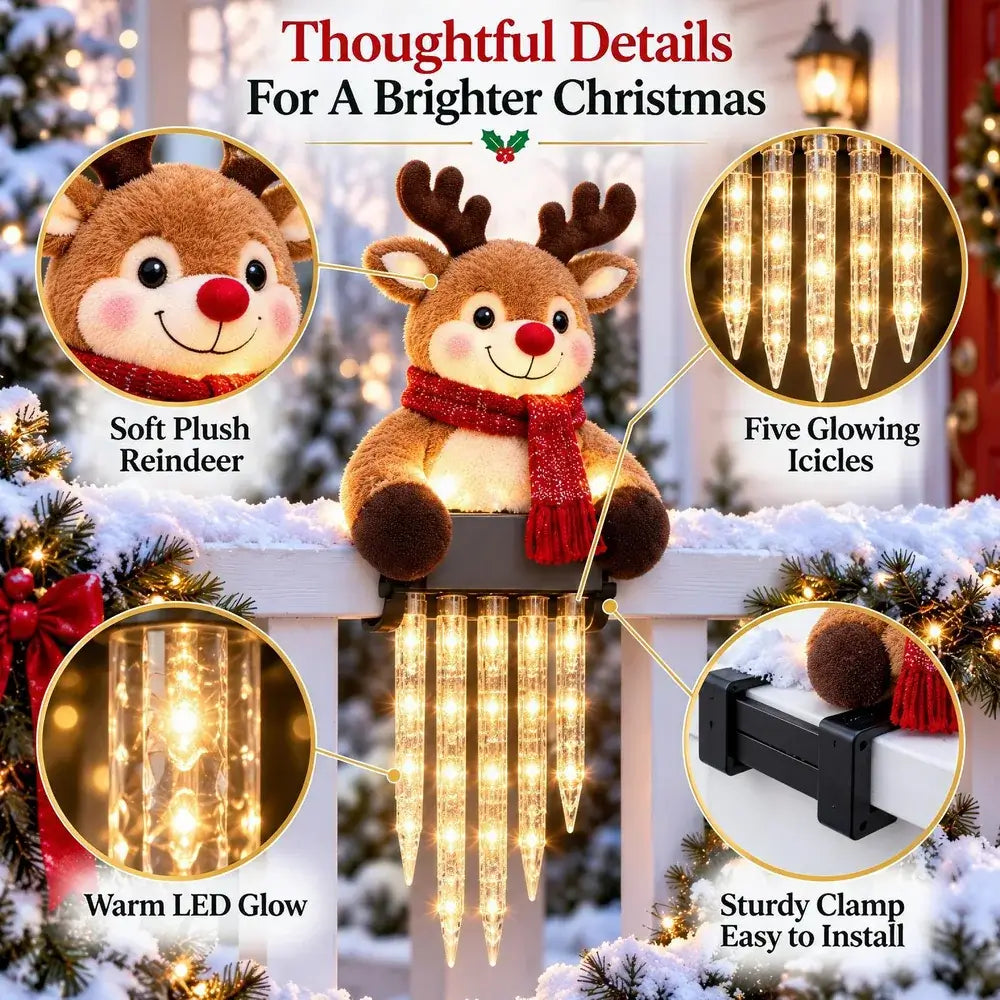 A plush reindeer Christmas light decoration displayed on a snowy porch railing, with four circular callout insets highlighting features: soft plush reindeer face, five glowing icicles, warm LED glow, and sturdy clamp installation.