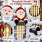 A plush Santa Claus holiday light decoration shown mounted on a snowy porch railing, with callout circles highlighting soft plush fabric, five glowing icicle lights, warm LED glow, and a sturdy clamp for easy installation.