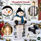 A festive snowman-shaped holiday light decoration displayed on a snowy porch, with callout circles highlighting soft plush texture, realistic icicle lights, warm LED glow, and easy installation.