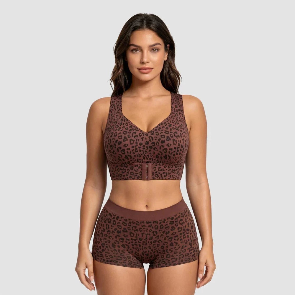 Leopard print wireless posture support bra front view
