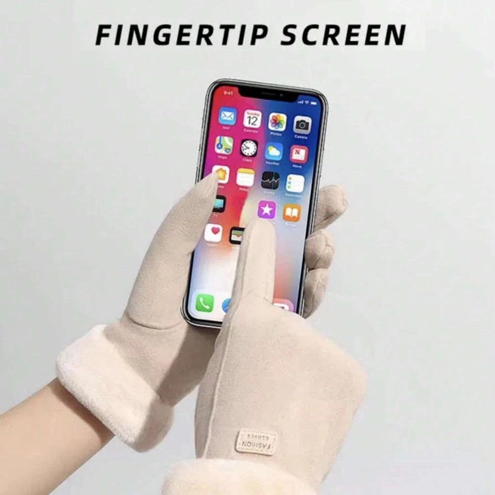 A pair of cream-colored touchscreen-compatible gloves shown on hands holding a smartphone, with the text 'FINGERTIP SCREEN' at the top. The gloves are designed with a touchscreen-friendly design, allowing users to use their fingers to interact with the phone while protecting the screen.