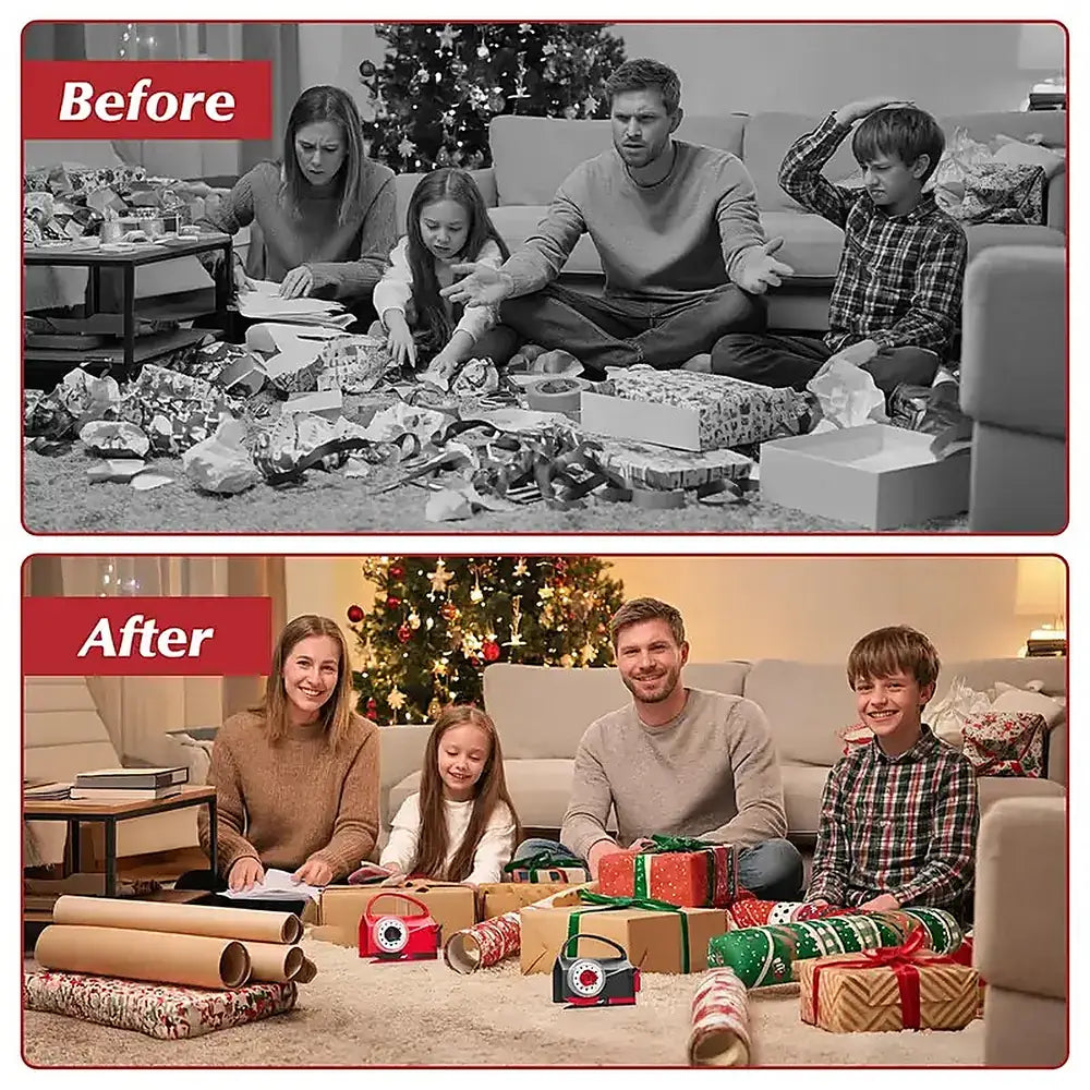 A before-and-after holiday scene showing a family sitting on the floor surrounded by unwrapped presents and wrapping materials. The top panel is in black and white with a red 'Before' label, and the bottom panel is in color with a red 'After' label.