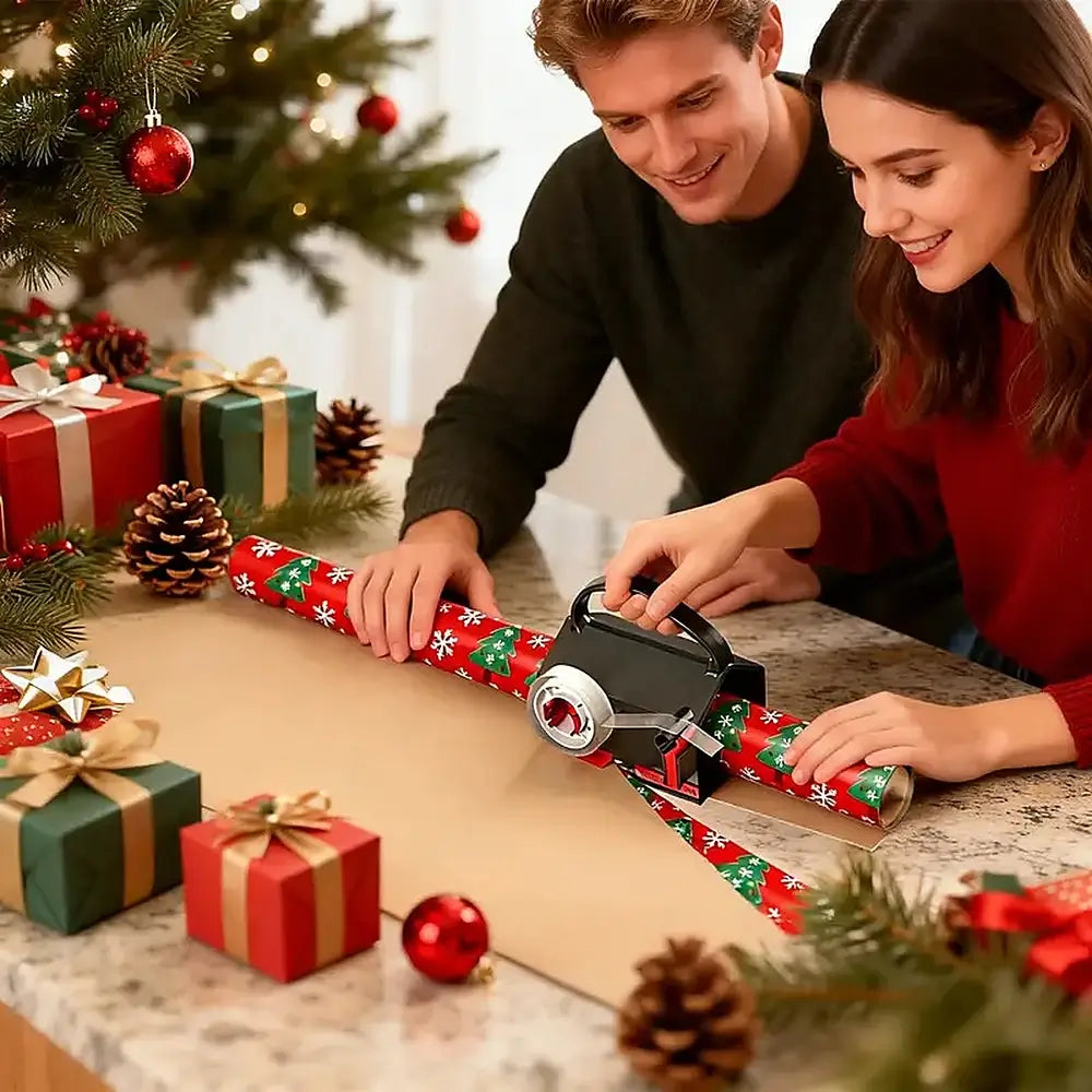 A man and a woman are wrapping a gift box with festive red, green, and white holiday wrapping paper on a granite countertop. The scene is decorated with a Christmas tree, wrapped presents, pinecones, and ornaments, creating a warm holiday atmosphere.