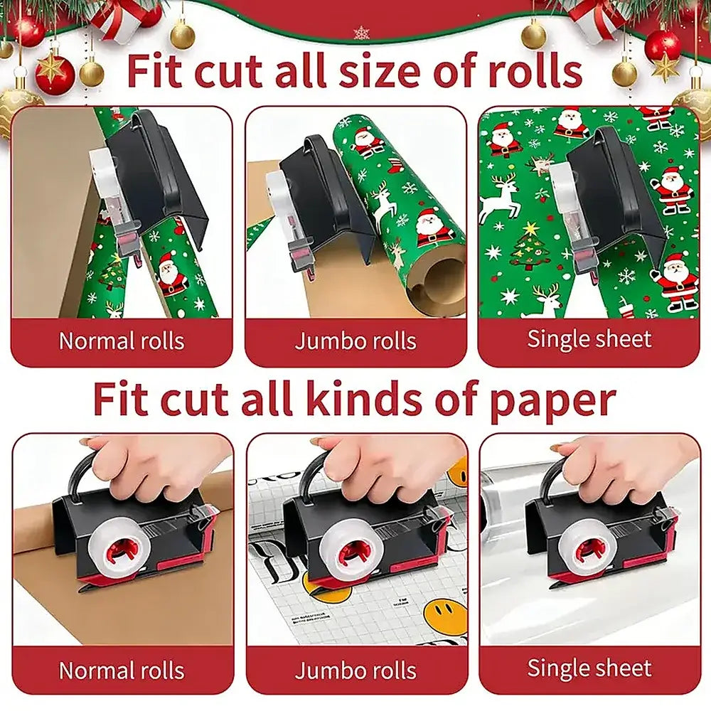 A promotional collage showing a black and red paper cutter/planner roll machine in use with Christmas-themed wrapping paper. The image includes text labels for 'Normal rolls', 'Jumbo rolls', and 'Single sheet' under two main headings about fitting and cutting all sizes/kinds of rolls and paper.