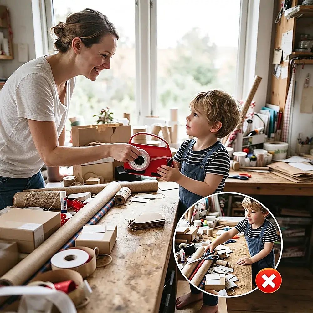 A woman and a young boy are collaborating in a cluttered but creative craft workshop. The woman is smiling and pointing toward a red spool of thread held by the boy, who is wearing blue denim overalls.