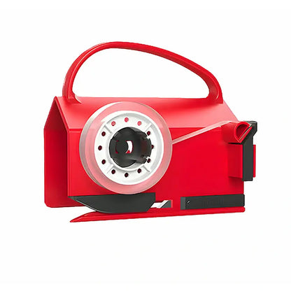 A red plastic tape dispenser with a carrying handle, a circular spool with clear tape, and a black release lever, shown on a solid white background.