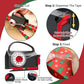Instructional graphic showing how to use a black and red gift wrap tape dispenser. The layout includes three circular callouts labeled Step 1: Cut, Step 2: Dispenser The Tape, and Step 3: Fixed, with text explaining the cut, press-to-release safety mechanism, and fixed position.