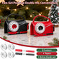 Two-pack of card envelope cutter machines in black and red, shown with four silver tape rolls, two extra blades, and promotional text on a holiday-themed background.