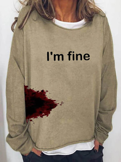 Women's Halloween Humor Funny Bloodstained I'm Fine Printed Long Sleeve T-Shirt