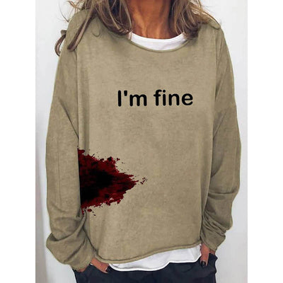 Women's Halloween Humor Funny Bloodstained I'm Fine Printed Long Sleeve T-Shirt