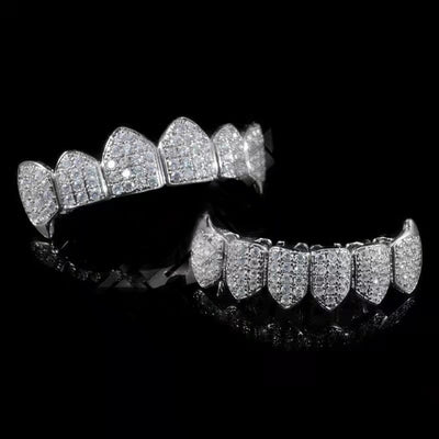 WHITE GOLD PLATED FANGED CZ CLUSTER PREMIUM GRILLS