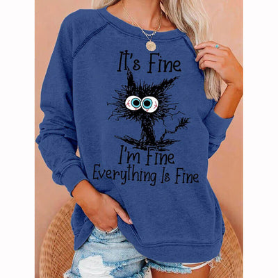 Womens Funny I Am Fine Black Cat Letter Crew Neck Sweatshirts