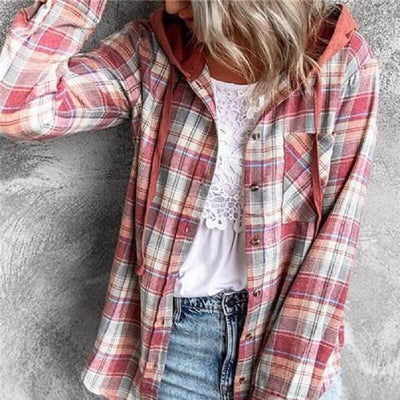 90s Checkered Hoodie Button-Up Top