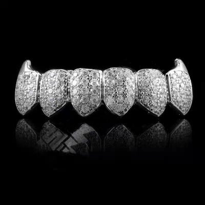 WHITE GOLD PLATED FANGED CZ CLUSTER PREMIUM GRILLS