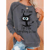 Womens Funny I Am Fine Black Cat Letter Crew Neck Sweatshirts