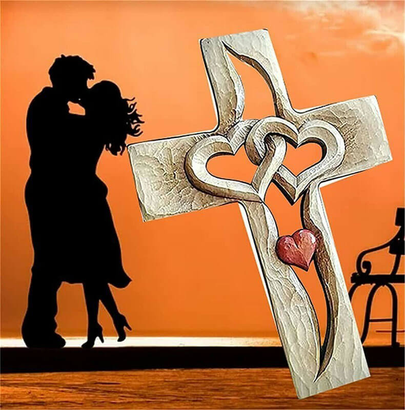 Carved Wooden Cross - Intertwined Hearts