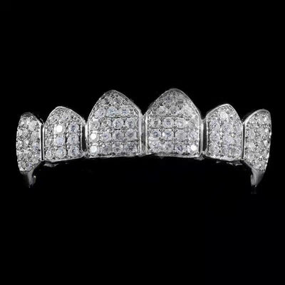 WHITE GOLD PLATED FANGED CZ CLUSTER PREMIUM GRILLS