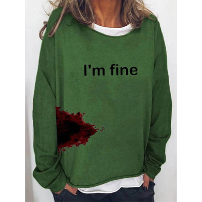 Women's Halloween Humor Funny Bloodstained I'm Fine Printed Long Sleeve T-Shirt