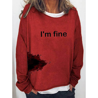 Women's Halloween Humor Funny Bloodstained I'm Fine Printed Long Sleeve T-Shirt