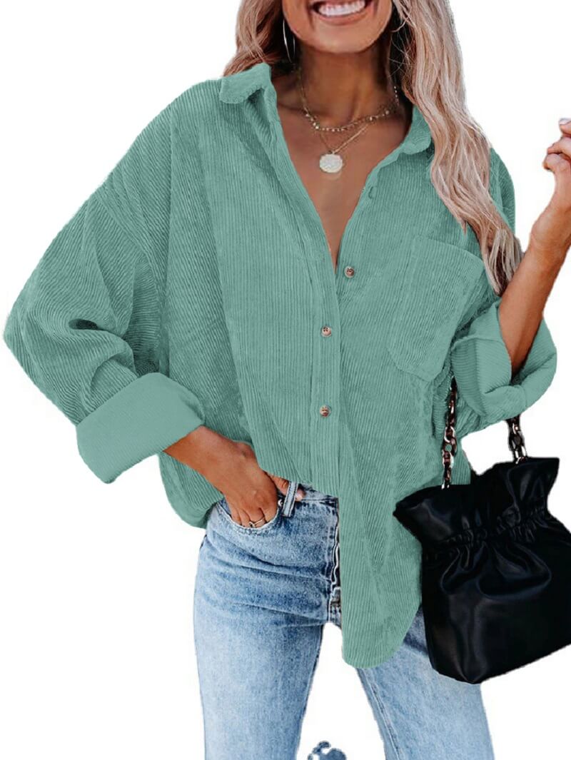 Astylish Womens Corduroy Shirts Casual Long Sleeve Button Down Blouses Tops