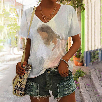 Women's Jesus Print V Neck Tee