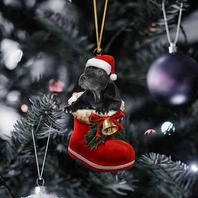 Black Pitbull In Santa Boot Christmas Hanging Ornament SB051